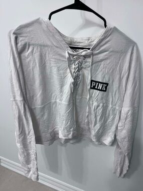 PINK Victoria's Secret White Lace-Up Cropped Sweatshirt